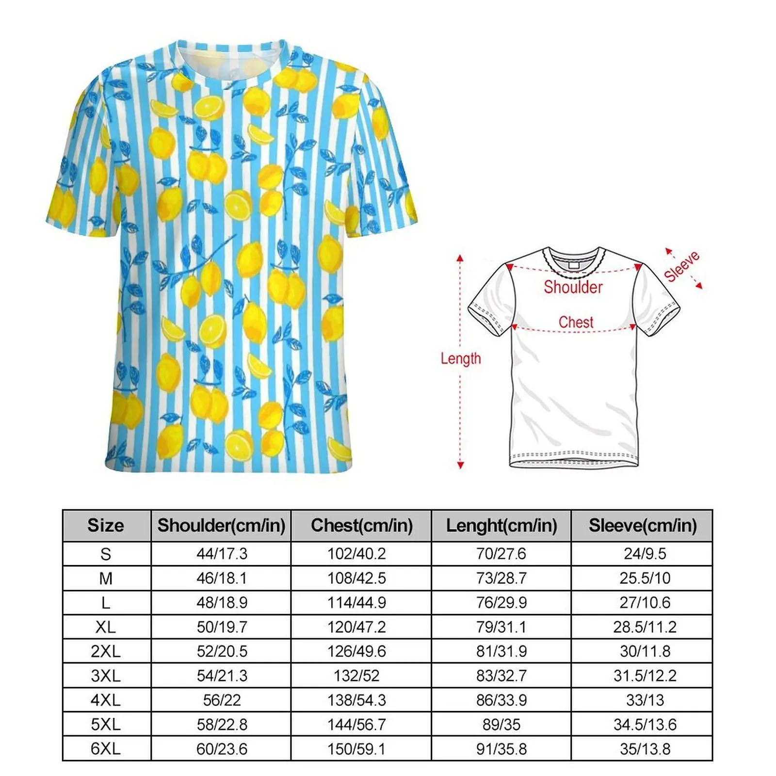 Striped Lemon Fruit Print T Shirt For Man Custom O Neck T Shirts Original Trendy Clothing Short Sleeves Aesthetic Oversized Tees