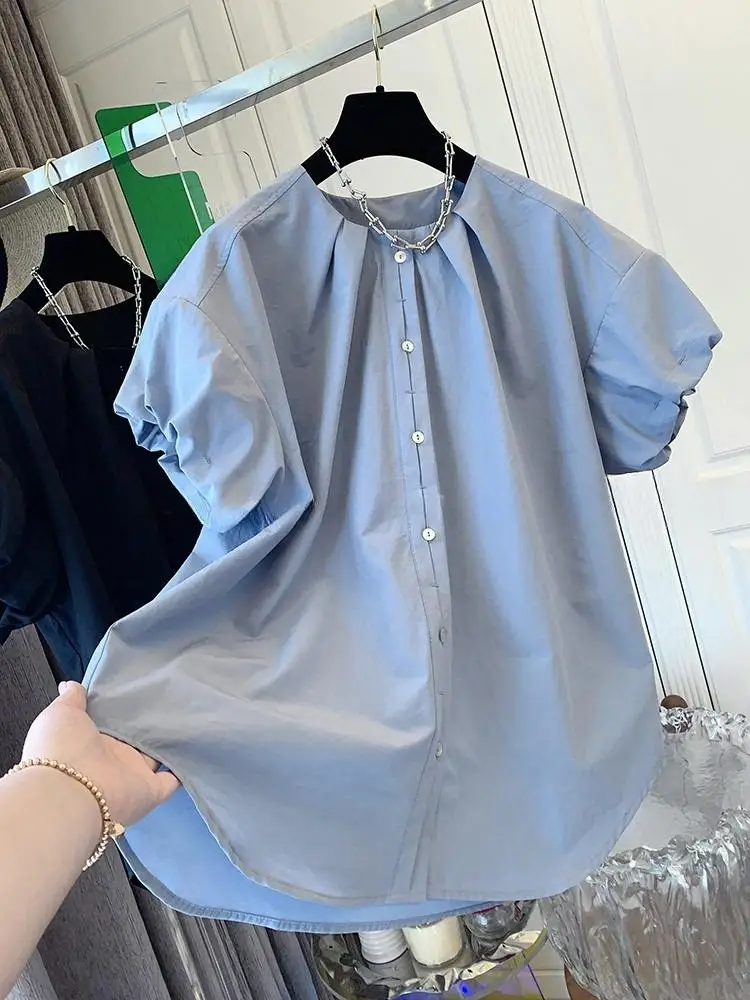 Summer New Niche Design Short-sleeved Shirt Korean Style Loose Blouse Women Solid Color Casual Tops