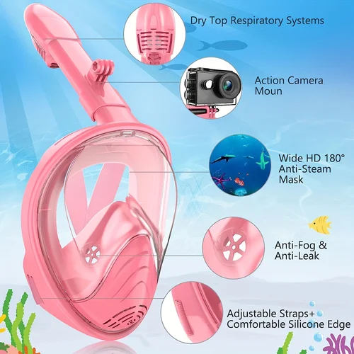Imagen 2 del producto Máscara de snorkel para niños, antiniebla, a prueba de fugas, diseño de silicona suave, fácil de usar, máscara de buceo subacuática, cara completa 360 °   Panorámica