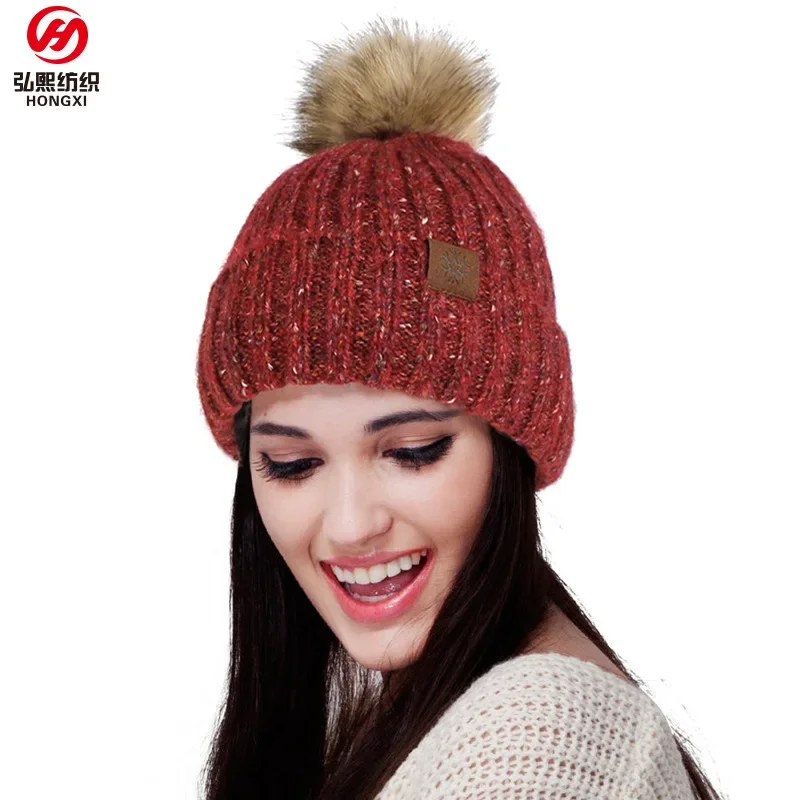Autumn Winter New Wool Fleece Lined Pom Pom Knit Hat Outdoor Warm Ear Cover Beanie Women EU US