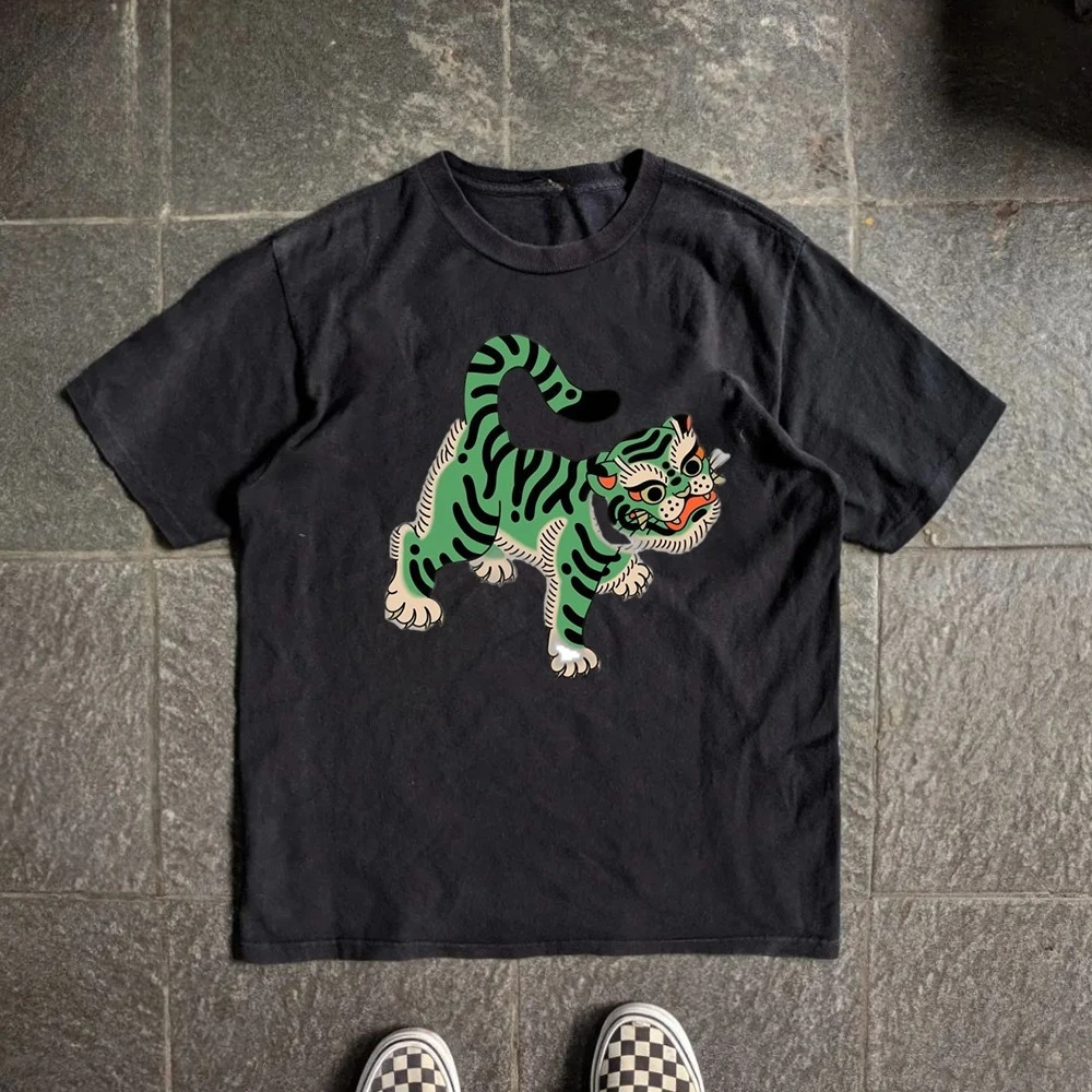 2026 Summer Vintage Oversized Graphic T‑Shirt For Adults Kids Chinese Folk Style Green Tiger Art Loose Short Sleeve Street Tee