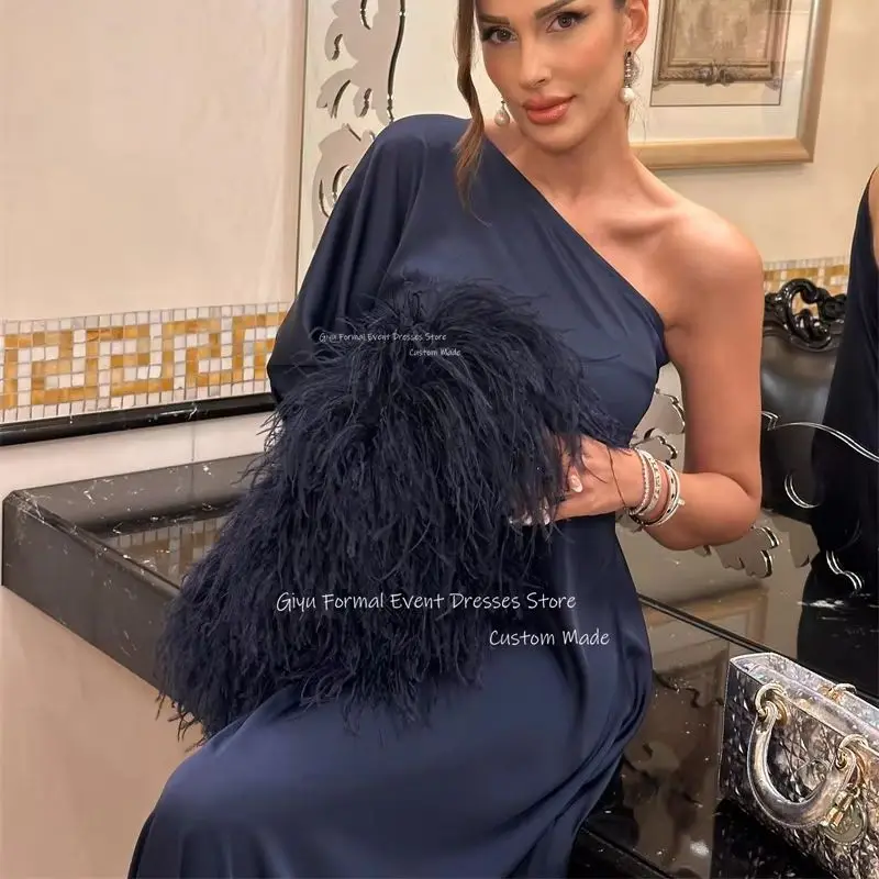 

Giyu Luxury Feathers Straight Evening Dresses Formal Occasion Dress Dubai Arabic Women Feathers Prom Gowns Wedding Guest Dress