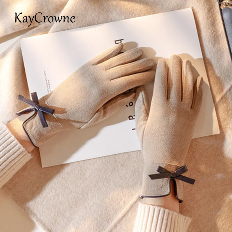 KayCrowne Grace Fashion Elegant Lady Glove Mitten Women Winter Touch Screen Driving Windproof Bow Tie Keep Warm Gloves Cycling