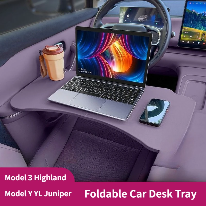 Car Foldable Tray Table for Tesla Model 3 Highland Model Y YL Juniper,Lightweight Arc‑Shaped Car Desk for Office & Leisure