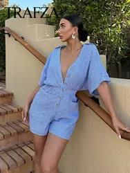 Trafza Frau Overall Frauen Sommer Overalls lässig lose Frauen Affe Frau kurzen Spiel anzug blau gestreift