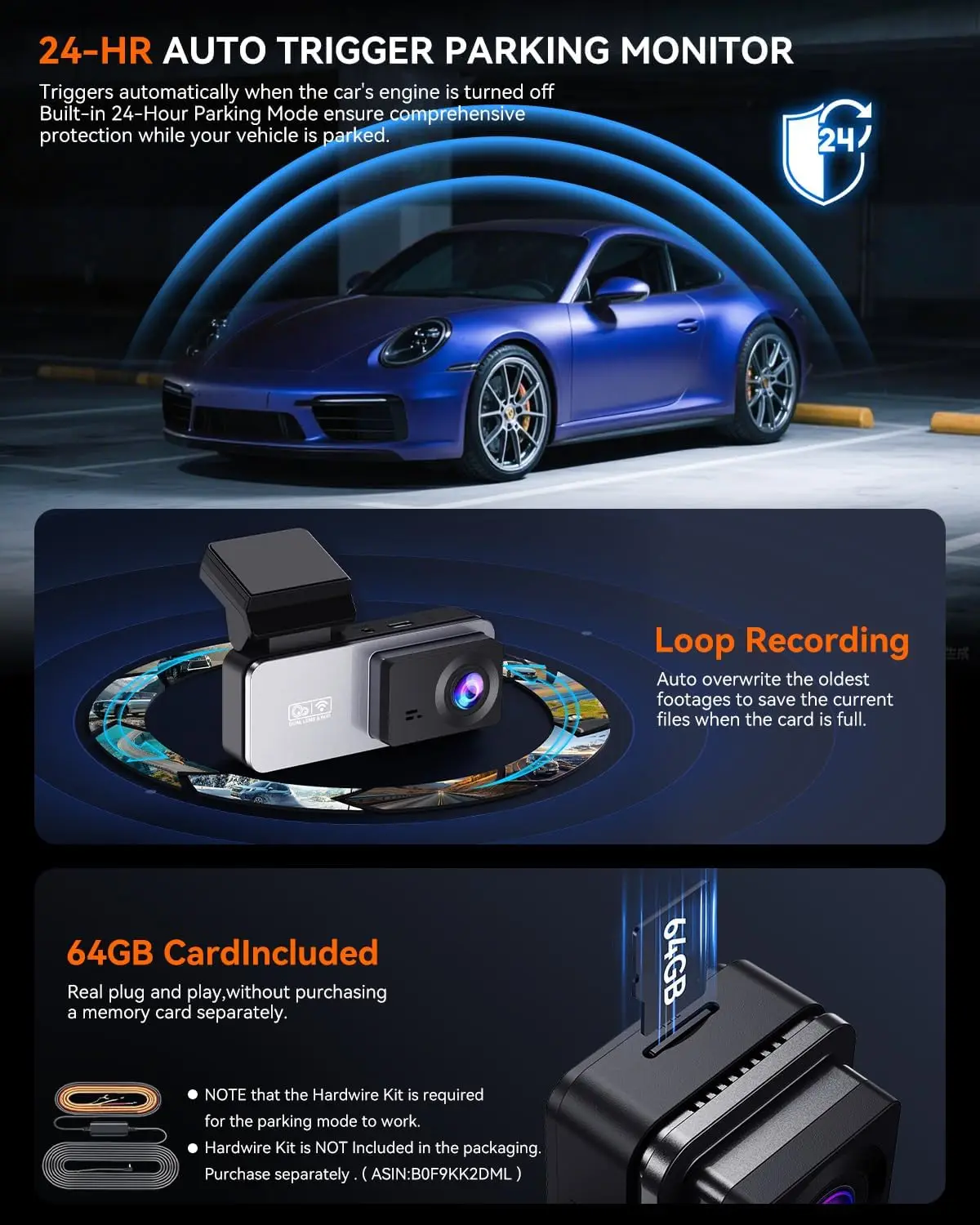 كاميرا داش خلفية 4K و3K+1080P، واي فاي، رؤية ليلية، وضع وقوف السيارات 24 ساعة، التحكم في التطبيق، بطاقة 64 جيجابايت مجانية