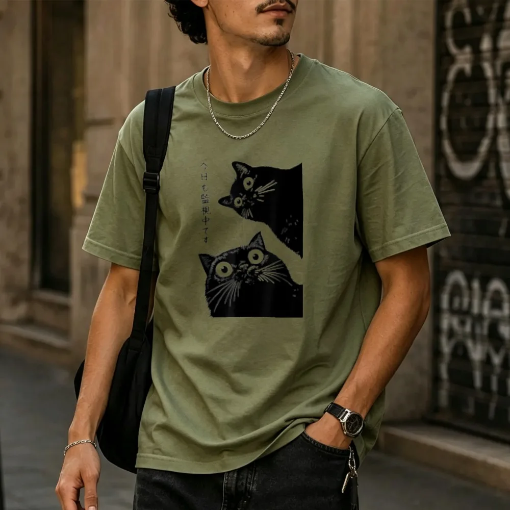 Vintage Horror Staring Black Cats Japanese Vertical Kanji Distressed Border Art Print Men Cotton T-shirt Aesthetic Kitty Tops