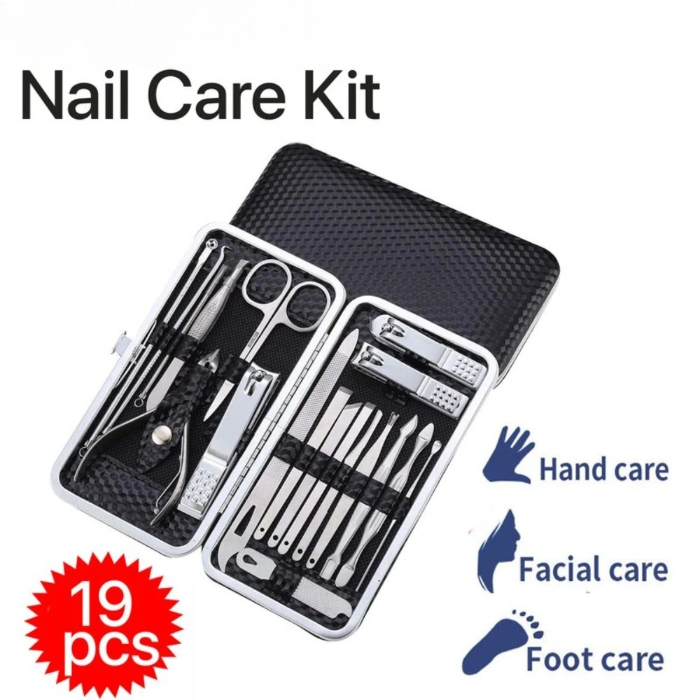 19-teiliges Edelstahl Maniküre-Pediküre-Set mit Lederetui - Nagelpflegeset für Zehennägel, Fingernägel & Augenbrauenpflege