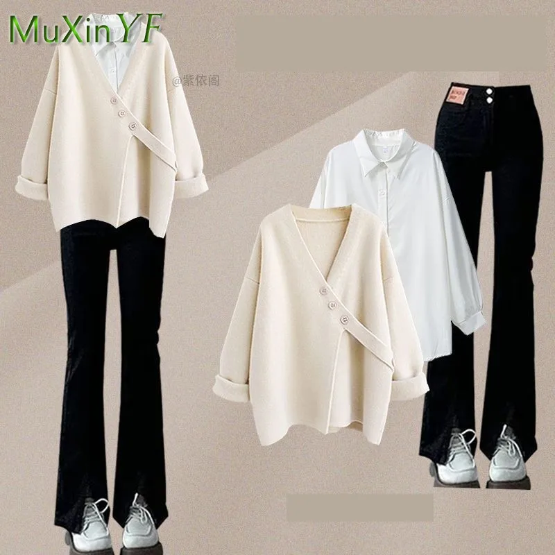 

Women Autumn Winter New Chic Knitted Sweater+white Shirt+micro Flared Jeans 3-Piece Seuit Korean Loose Cardigan Denim Pants Set