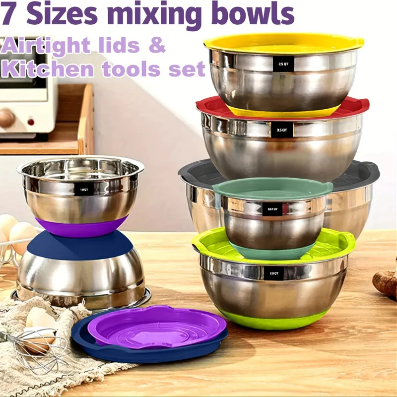 20One Mixing Bowl with Sealing Cover，304Stainless Steel Metal Suit，Non-Slip Colored Silicone Bottom，Size7，3.5，2.5，2.0，1.5，1，0.67