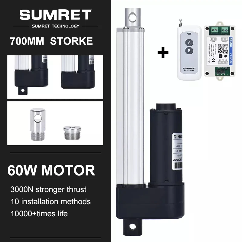 

700mm Stroke Electric Linear Actuator Kit 3000N Fast 66mm/s DC12V 24V Mini Motor Wireless Remote Control Switch 433MHz UP Down