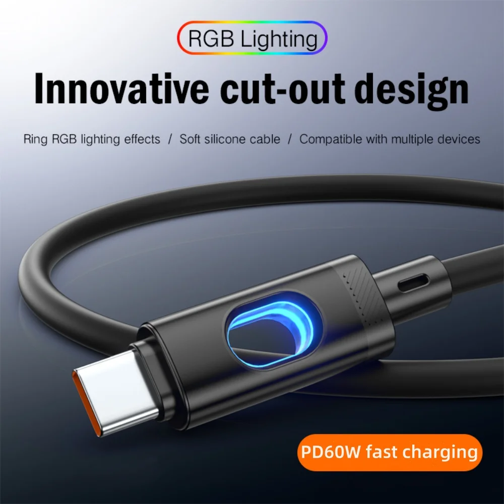 

Fast Charging Cable RGB LED USB C to C PD 60W Type C Quick Charge Sync Data Cord for iPhone 16 15 14 13 Samsung Xiaomi Huawei
