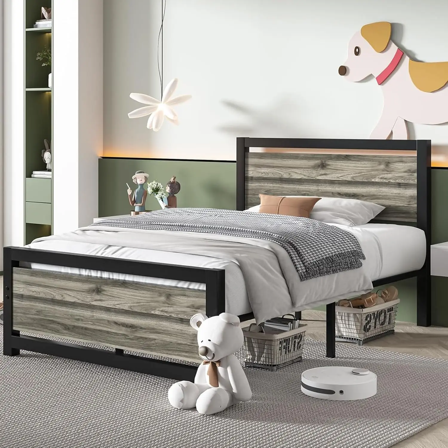 

Double bed frame with wooden headboard and footrest, heavy-duty metal double bed board, no noise