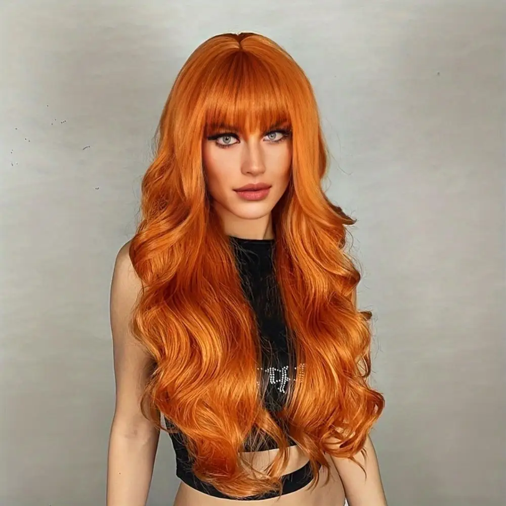 Orange Synthetic Wig Long Hair Big Waves Air Fringe Wig White Women Natural Heat Resistant Long Curly Hair Daily Party Use