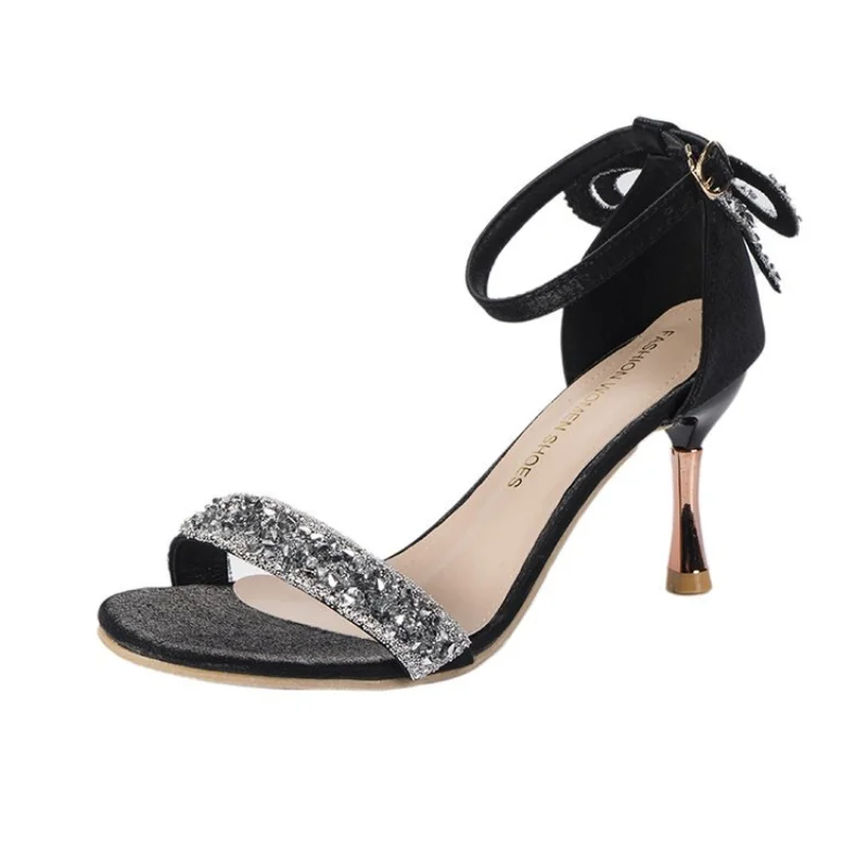 Strass fiocco tacchi sottili scarpe per sandali da donna gladiatore donna elegante estate 2024 tacchi alti scarpe da ballo donna nero beige