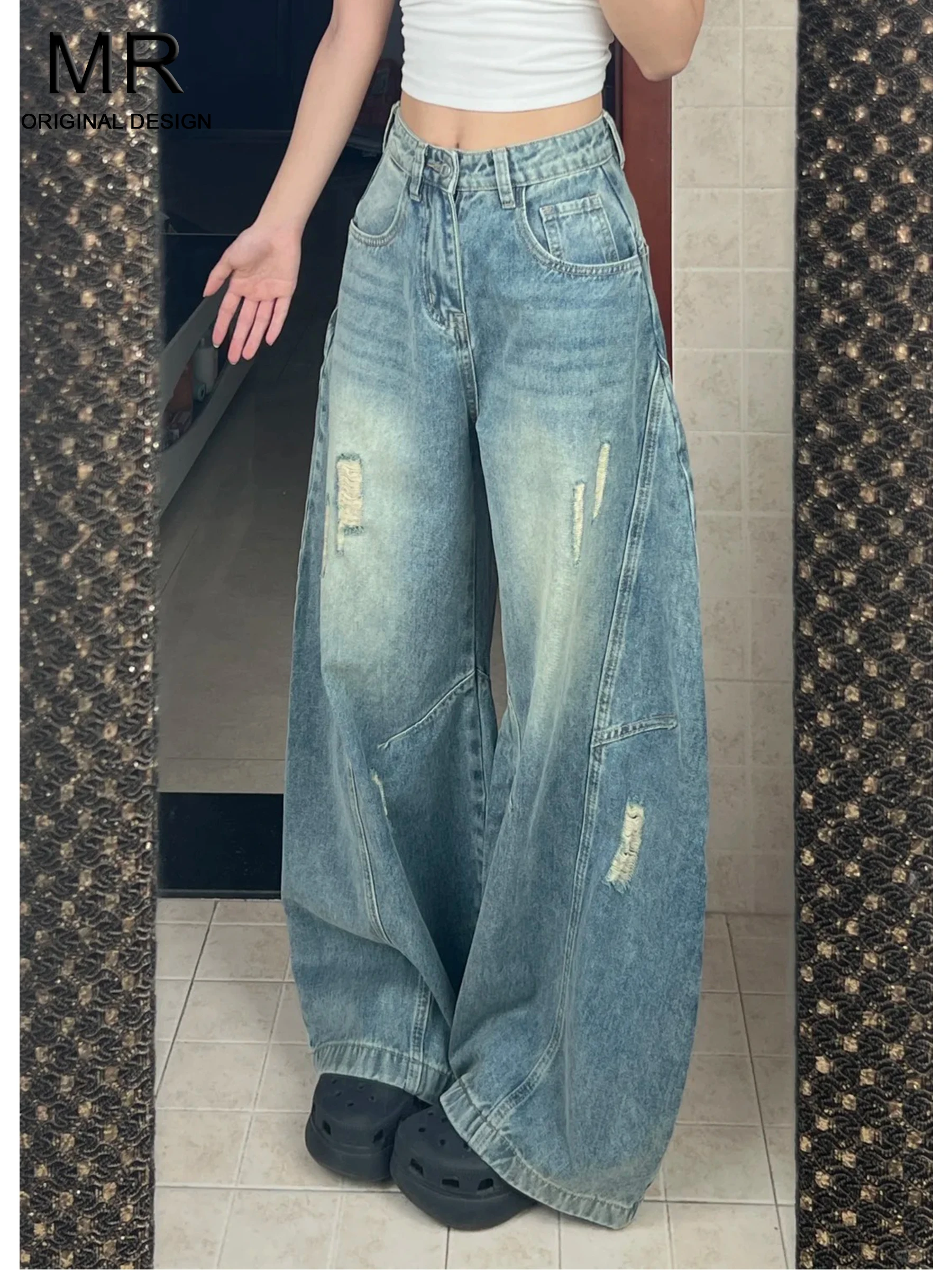 

American Style High Waist Wide Leg Jeans Women's Loose Fit Slimming Design Summer Casual Straight Cut Jeans Asymmetrical Knif...