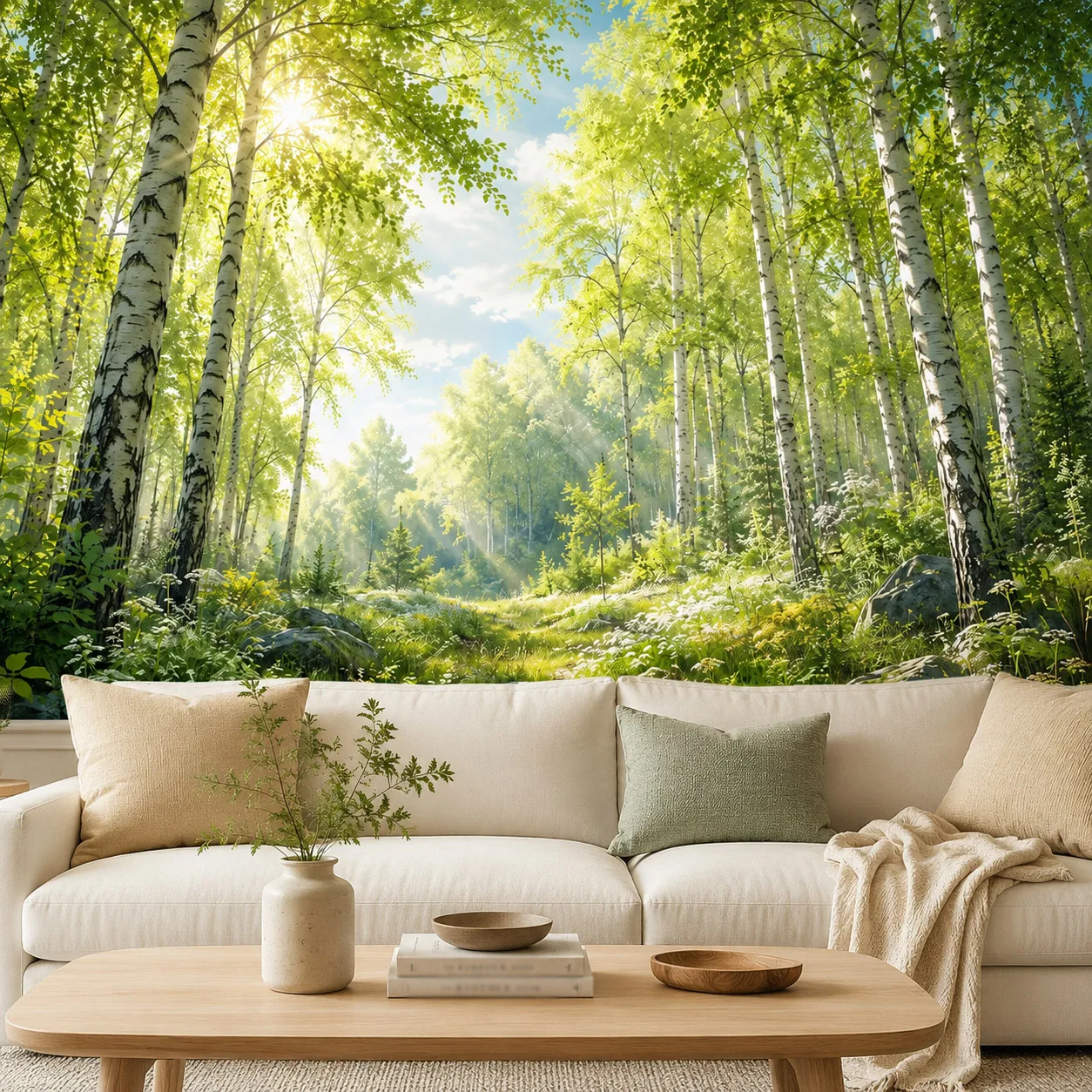 明るい白樺の森の壁画壁紙、日光の照る森の自然風景、リビングルーム、寝室、非粘着式、貼り付け不要