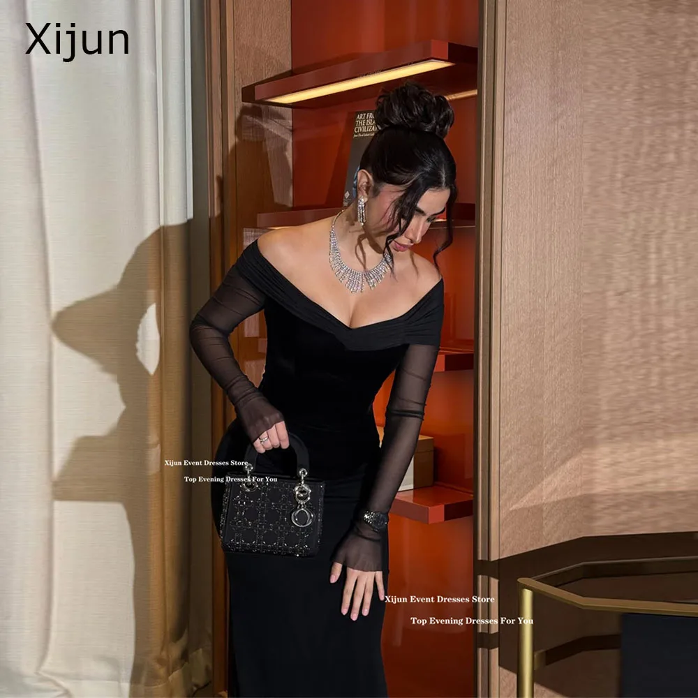

Xijun Luxury Black Mermaid Evening Dresses Chiffon Off The Shoulder Dubai Prom Dresses Floor Length Formal Prom Gowns Customized