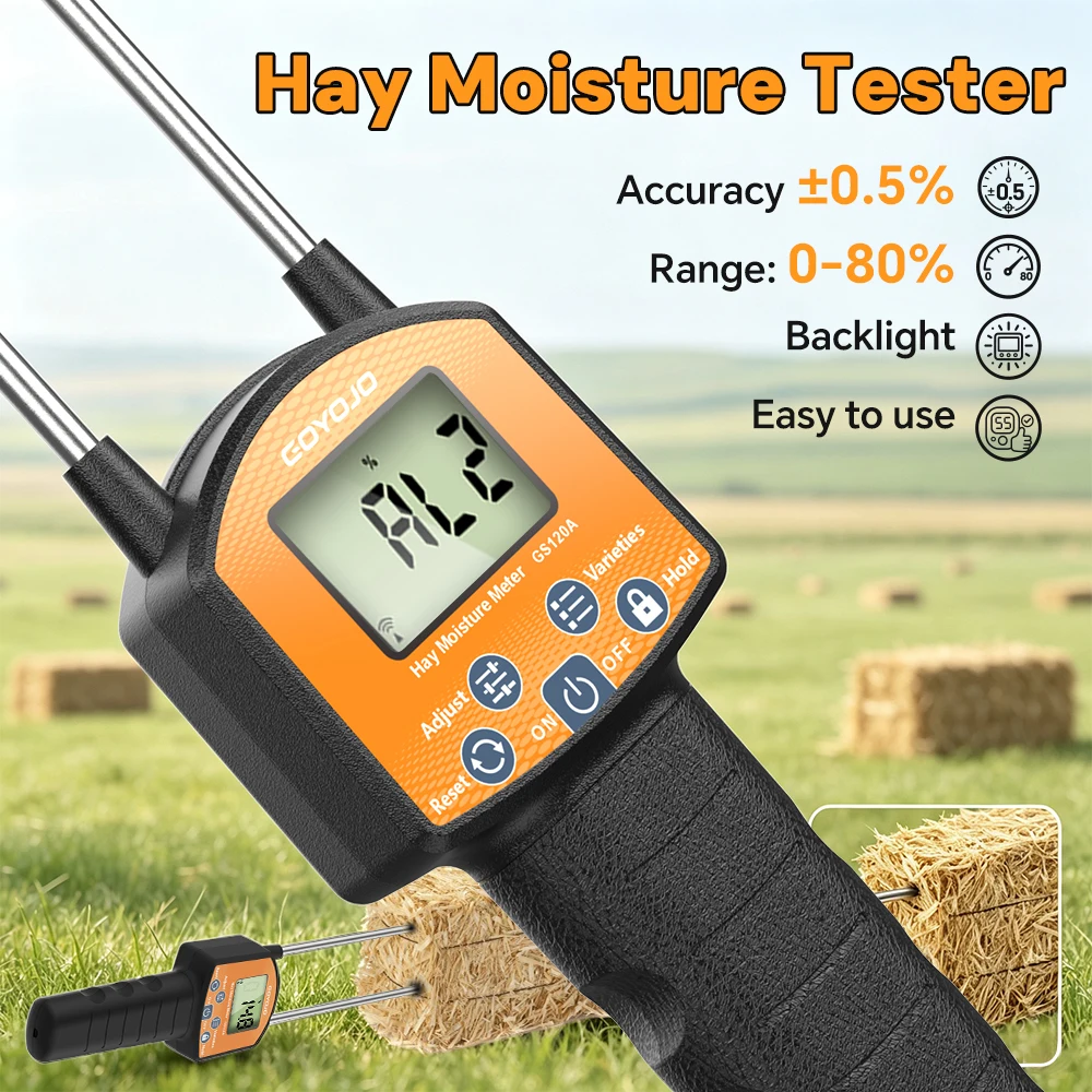 Digital Hay Moisture Tester Accurate Probe Temperature Detect for Forage Alfalfa LED Automatic Portable Hay Bale Moisture Tester