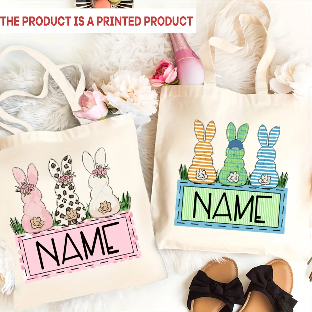 

Custom Easter Bunny Name Tote Bag - Personalized Canvas Shoulder Bag with Colorful Bunny Designs, Gift for Birthday Celebrations