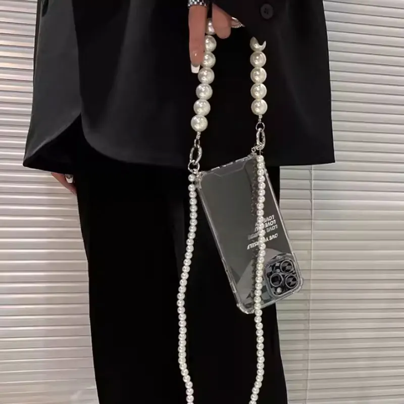 Crossbody Phone Lanyard Long Pearl Necklace Chain for iphone 16 15 Xiaomi All Cell Phone Case Pearl bracelet with Universal Clip