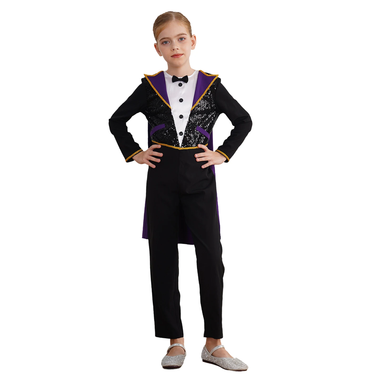 Halloween Magician Circus Ringmaster Cosplay Trajes infantis, tailcoat, manga comprida, lantejoulas brilhantes, bodysuit bowtie com capa, carnaval