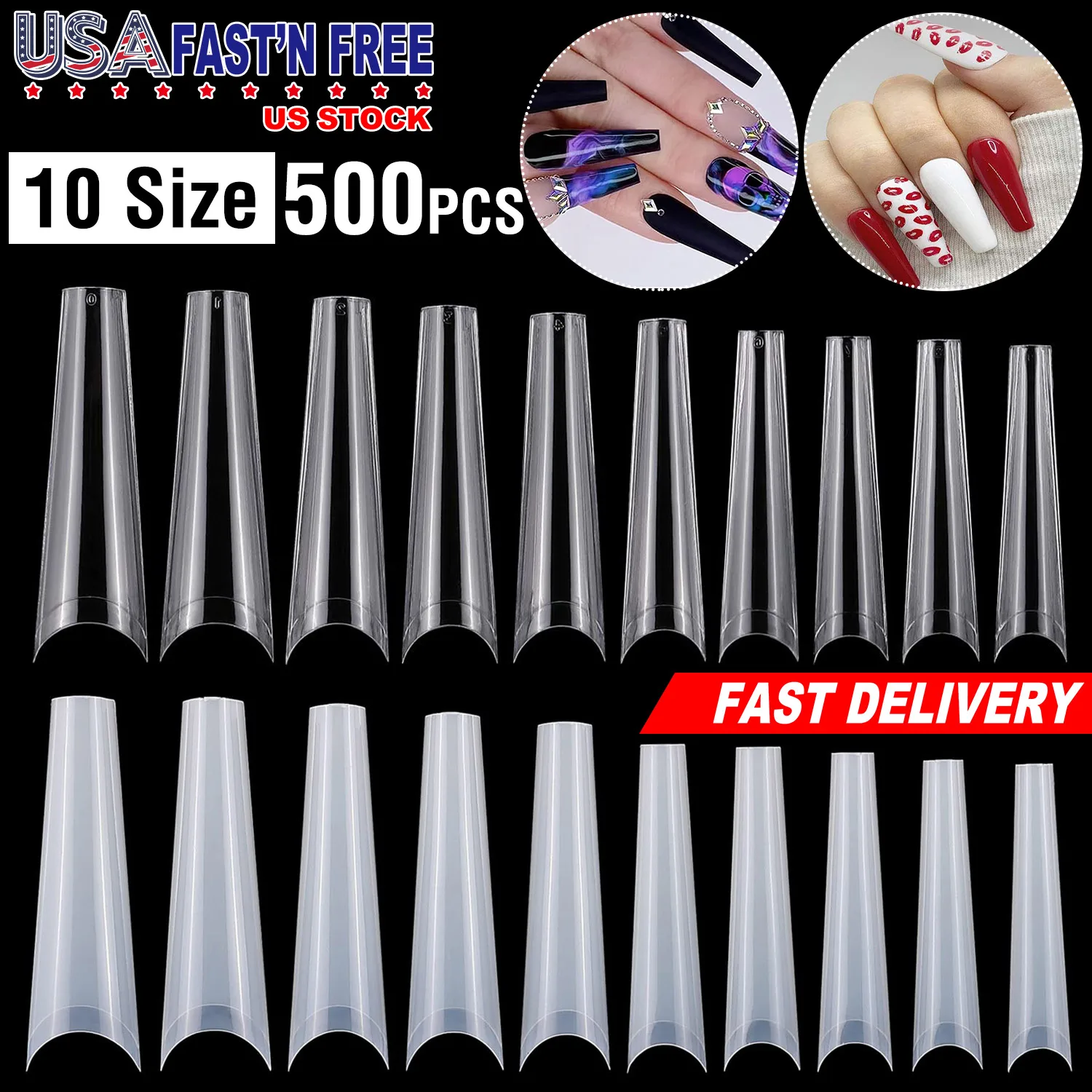 

US Stock 500Pcs C Curve Nail Tips Half Cover Clear French Fake Nails Extra Long Acrylic False Finger Nail Extension Tips for Salons Home DIY 10 Sizes