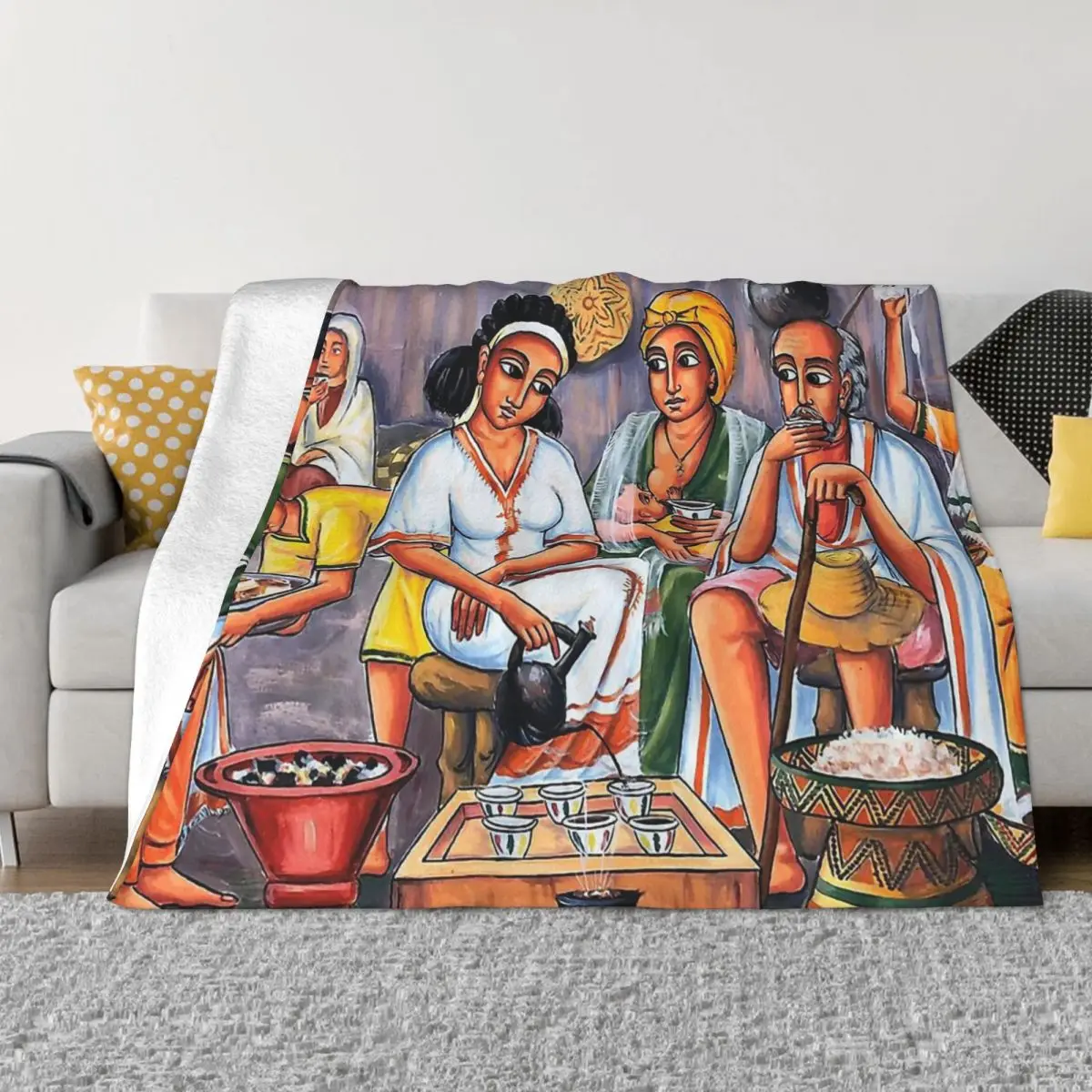 Ethiopian Painting Art Blanket Flannel Throw Coffee Ceremony Cozy Soft FLeece Eritrean Bedspread Rug