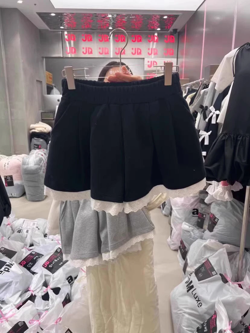 Lace Trim Casual Pants Women\'s Slimming Elastic Waist Loose Wide Leg Pants Outdoor Wear Short Pants High Waist Straight Leg