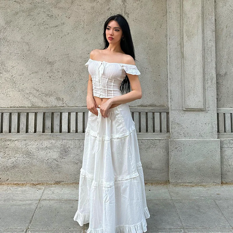 Lygens Y2K Off The Shoulder Ruched Crop Top Long Skirt Women'S Sets Summer Casual Elegant Ladies 2024 Korean Popular Clothes