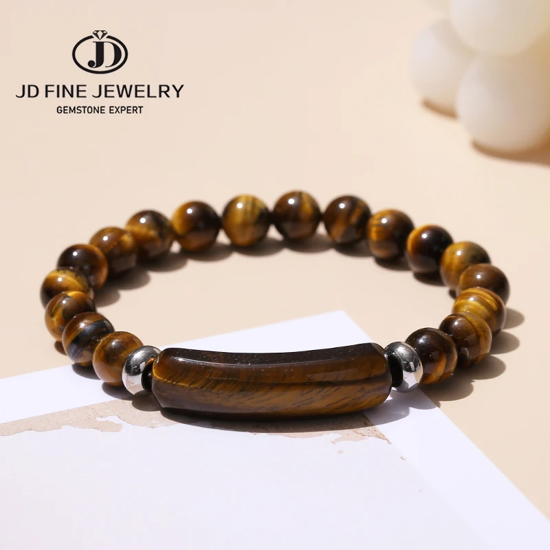 JD Natural Stone Yellow Tiger Eye Rectangle Bar Charm Bead Bracelets Women Reiki Healing Handmade Bangles Couples Jewelry Gift