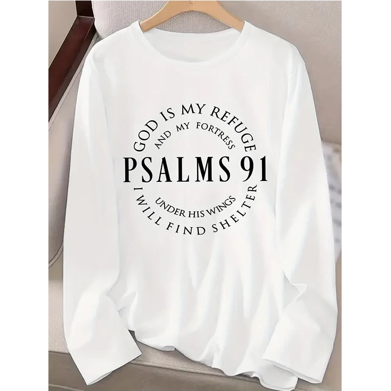 Women's Inspirational Psalms 91 Verse Long Sleeve T-Shirt Casual Crew Neck Women T Shirt All Seasons Graphic Sweater Clothing
