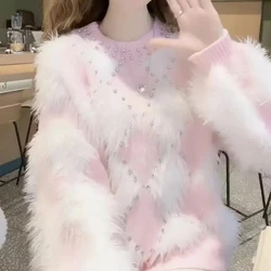 Chic Loose Pullovers Sweater Women's Winter 2024 O Neck Furry Top Korean-style High-end Rhombic Brick Jumper Knit Sweater Female