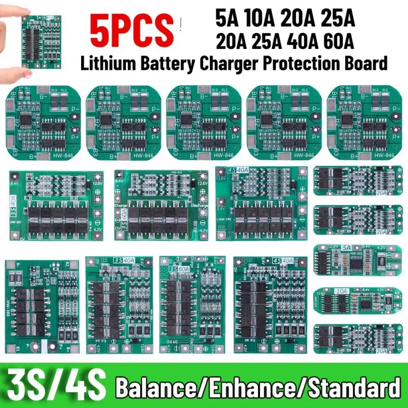 

5pcs 3S 4S 5A 10A 20A 25A 40A 60A Li-ion Lithium Battery Charger Protection Board 18650 BMS For Drill Motor 12V Enhance/Balance