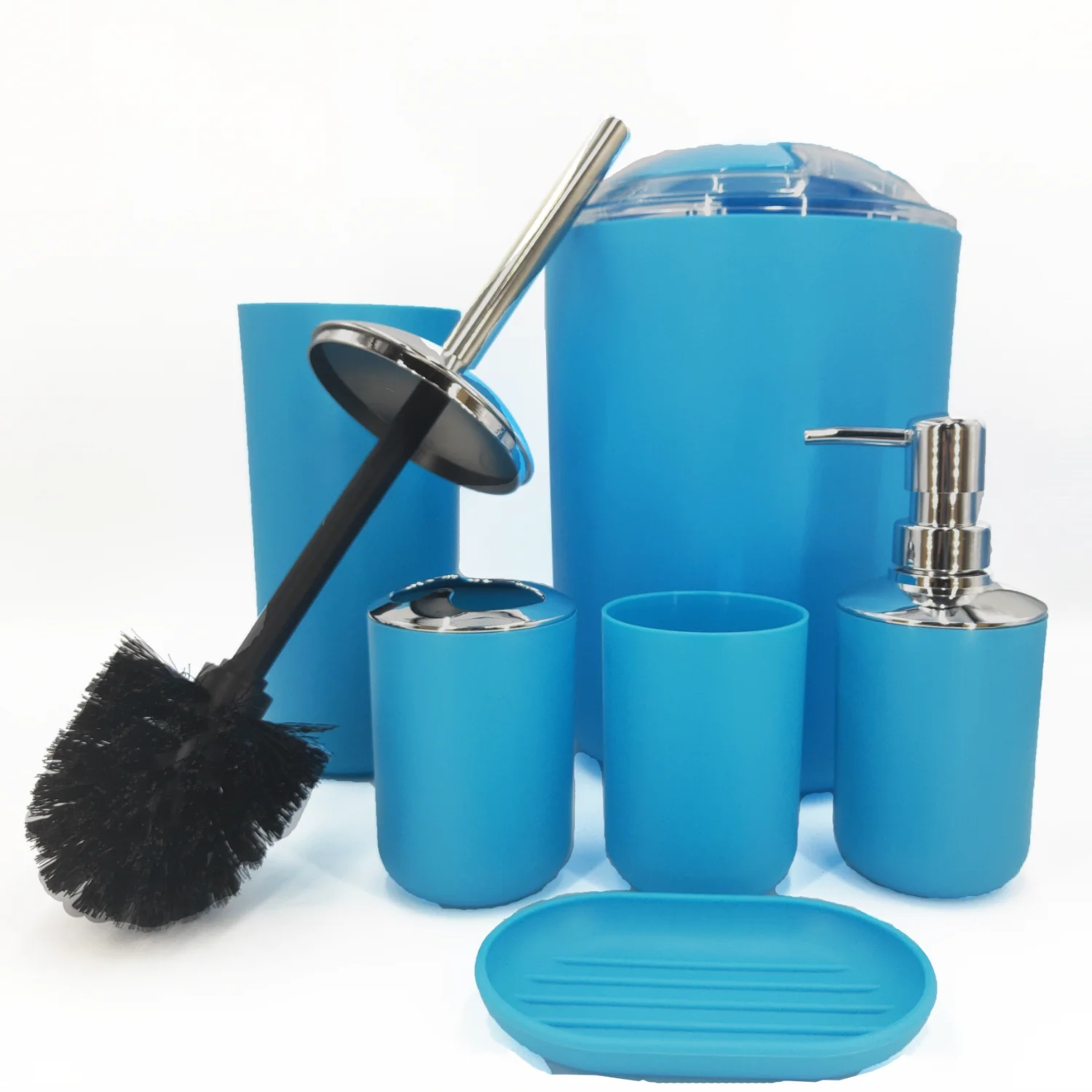 Complete Bathroom Ensemble - Stylish & Durable Accessories Set with Toilet Brush, Toothbrush Holder, Trash Can, Shampoo Bottle, 