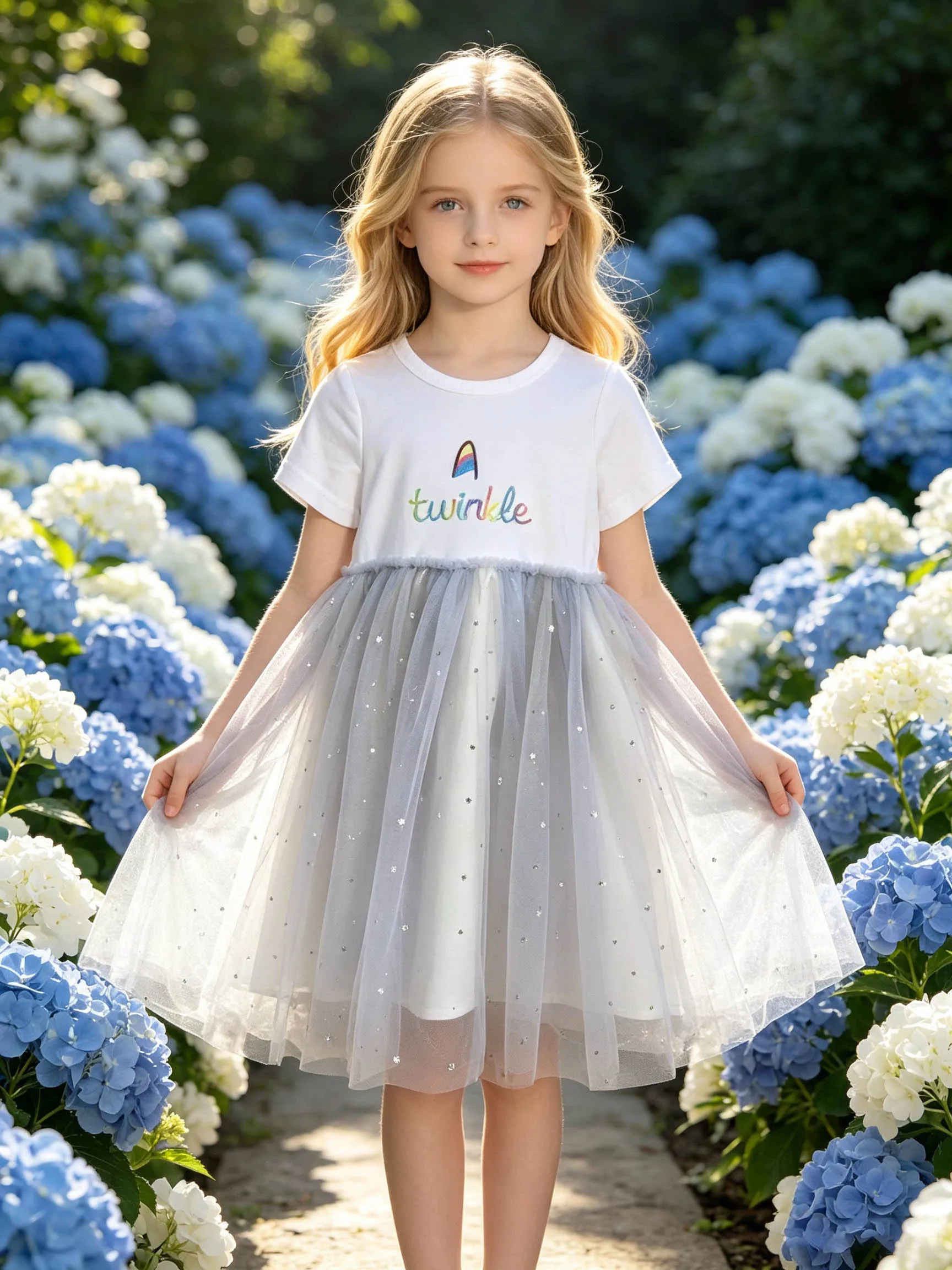 Girls' White Dress with Rainbow Twinkle Embroidery Short Sleeves, Light Grey Tulle Puffy Princess Skirt Covered with All-Over St