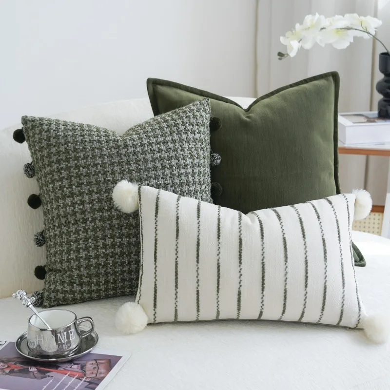 Premium Green Textured Woven Cushion Cover with Pom Poms Striped Patchwork Decorative Throw Pillow Case for Sofa Neutral Decor