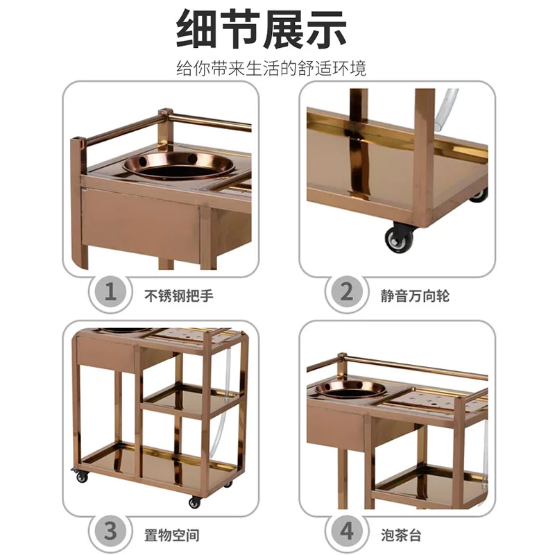 Square stainless steel tea cart Titanium small tea cart Commercial movable Tea cart with leaking tray