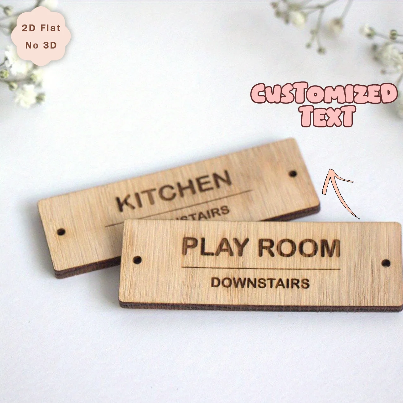 Custom Engraved Wooden Room Sign Tags, Personalized Custom Text 2D Flat Rectangle Wood Label, Laser Carved Door Plaque for Playr