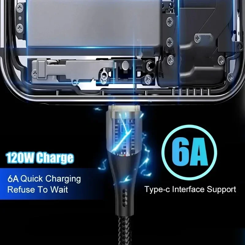 120w 6a usb tipo c cabo de carregamento rápido usb c carregador fio para iphone 14 13 12 11 huawei p40 p30 realme