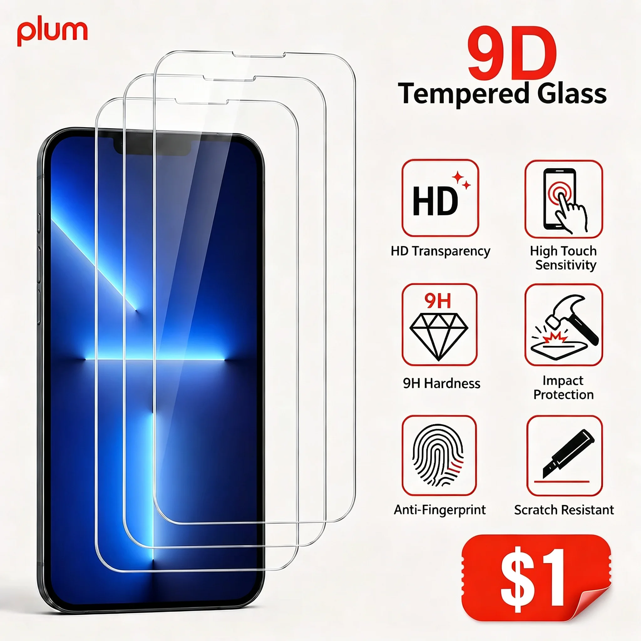 Plum 2/3 PCS Tempered Glass for iPhone 13/13 Pro/13 Pro Max Screen Protector with Mount Dust-proof Anti-Scratch Full Cover Film