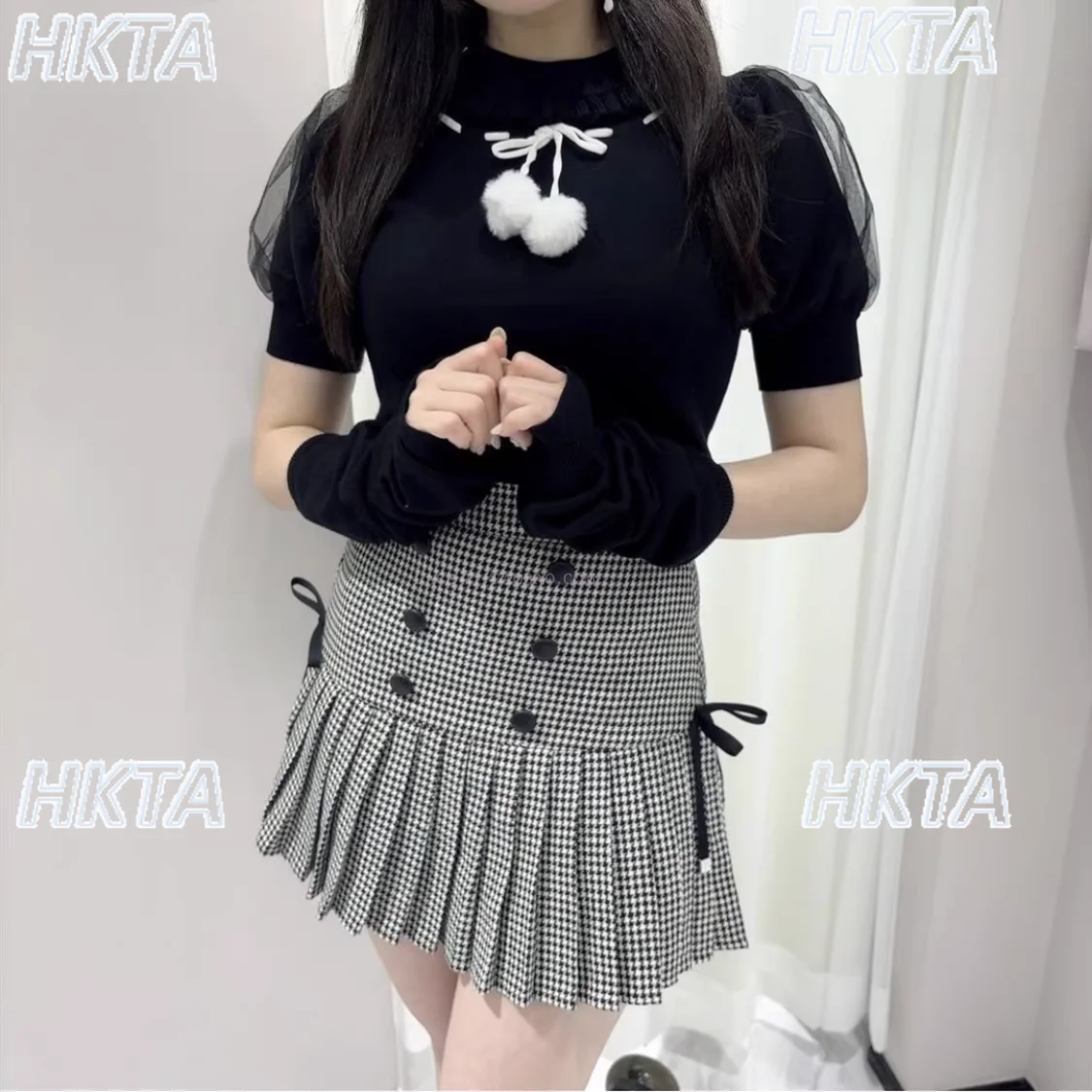 

Japanese Mass Produced Autumn Fungus Lace Round Neck Bubble Short-sleeved Knitted T Shirts Women Sweet Commuter Lolita White Top