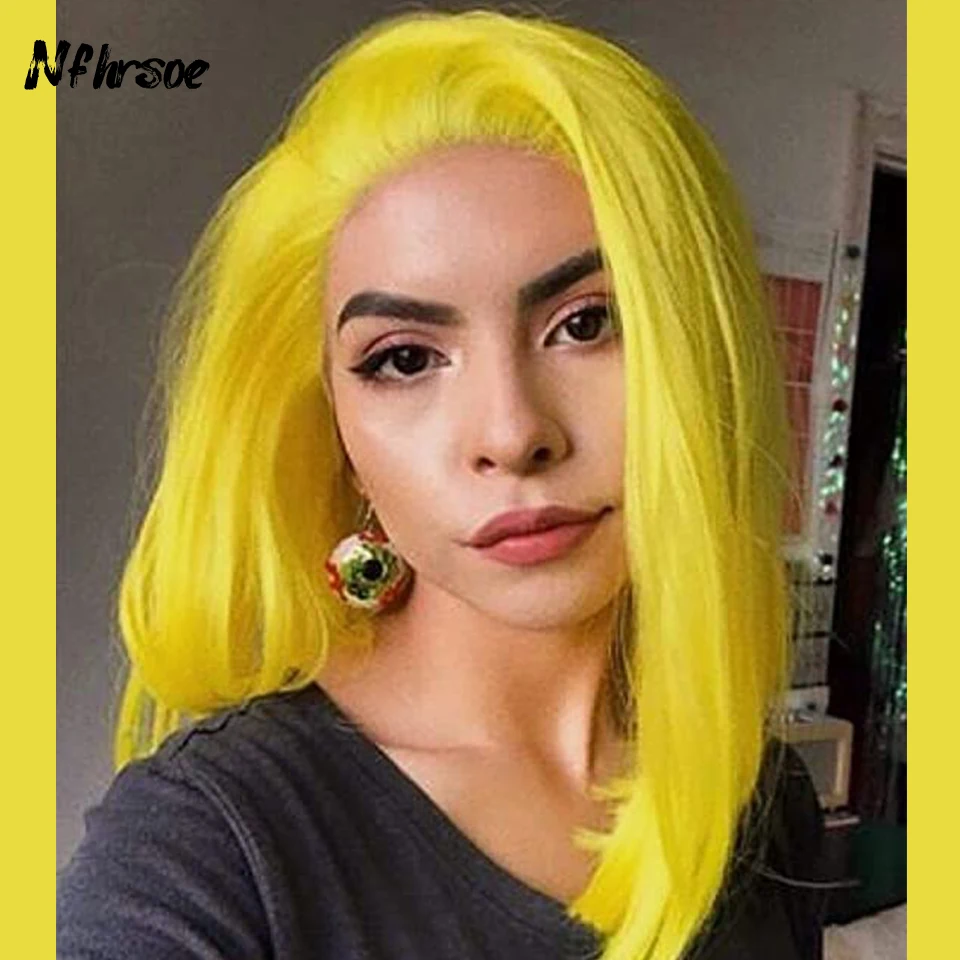 

Colored Brazilian Human Hair Wig Transparent Lace Frontal Wigs 200 Density 13x4 Bright Yellow Straight Short Bob Pre Plucked