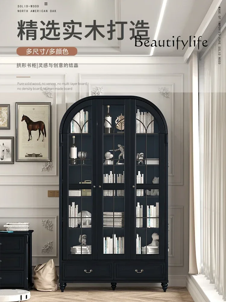 

American-Style Arched Bookcase with Glass Door Solid Wood Vintage Bookshelf Wall-Mounted Living Room Bookcase