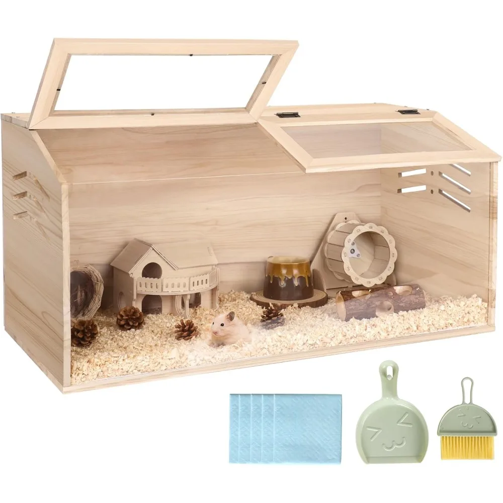 

Wooden Hamster Cage, Large Hamster Cages and Habitats Chewproof, with 2 Openable Acrylic Top, Small Animal Cage for Mo