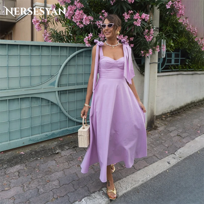 

Nersesyan Lavender Prom Dresses Sleeveless Bow Ankle Length Homecoming Gowns Lace Up Back Wedding Guest Party Dress Customized