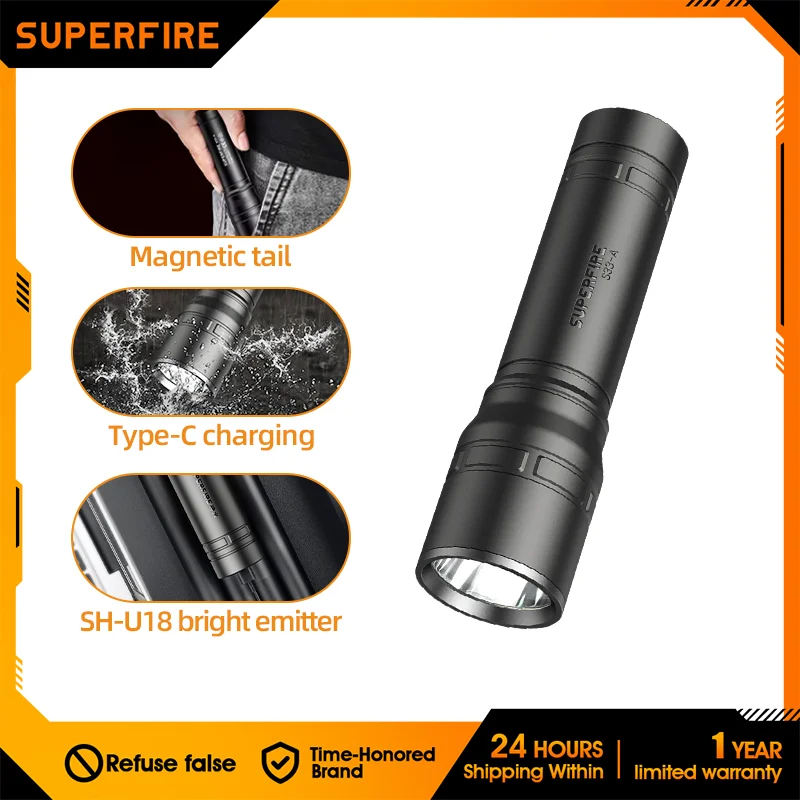 

New SUPERFIRE S33-A High Power LED Flashlight Built-in Battery Rechargeable Torch with 4 Modes Hand Lamp Camping Hunting Lantern