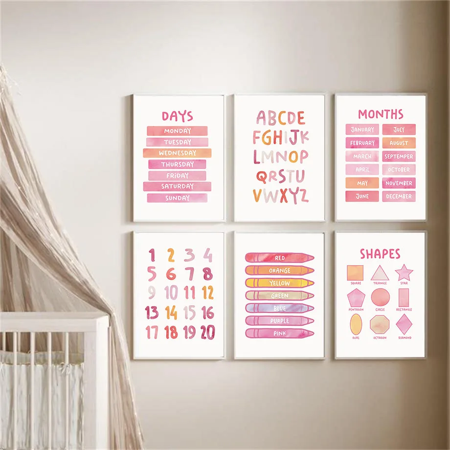 

Educational Posters Home School Prints Pink Alphabet Chart Wall Art Canvas Painting Wall Pictures Baby Girl Room Home Decor