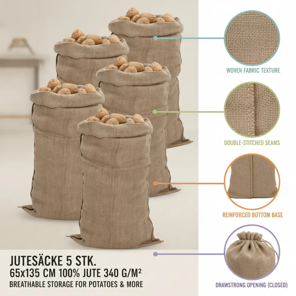 Sacs en jute naturel 100%, 65 x 135 cm, design résistant et léger, multi-usages pour le stockage des aliments, la protection des plantes contre le froid, le transport d'objets, la décoration