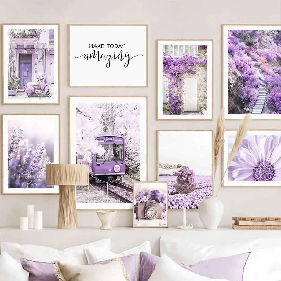 Vintage Lavender Wall Art Canvas - Purple Flower, House, Tram & Camera Posters for Living Room Decor